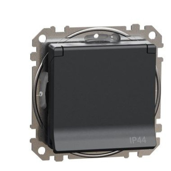 Розетка Schneider Electric Sedna Design & Elements з заземленням шторками та кришкою IP44 чорна SDD214024