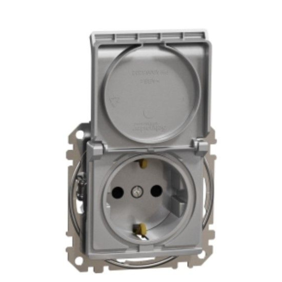 Розетка Schneider Electric Sedna Design & Elements з заземленням шторками та кришкою алюміній SDD113024
