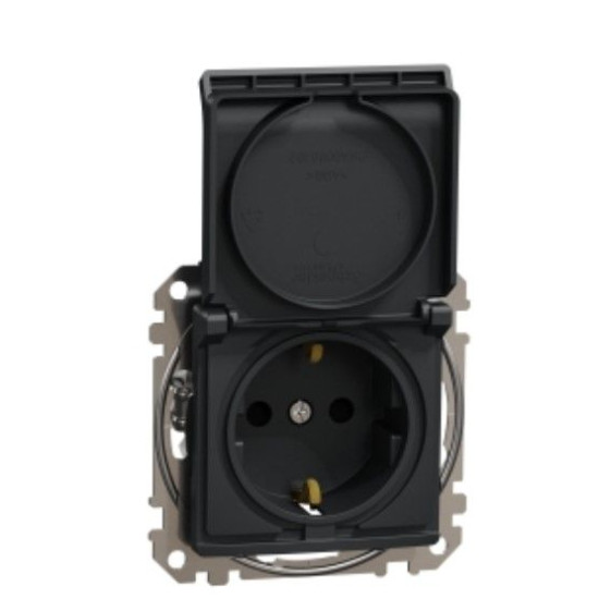 Розетка Schneider Electric Sedna Design & Elements з заземленням шторками та кришкою чорна SDD114024