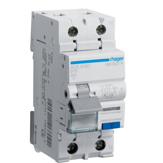 Диференційний автомат Hager ACS916D B 16A QC 1P+N 6кА 10мА A