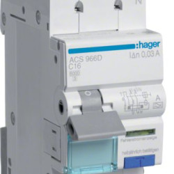 Диференційний автомат Hager ACS966D C 16A QC 1P+N 6кА 10мА A