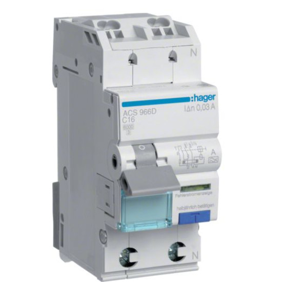 Диференційний автомат Hager ACS966D C 16A QC 1P+N 6кА 10мА A