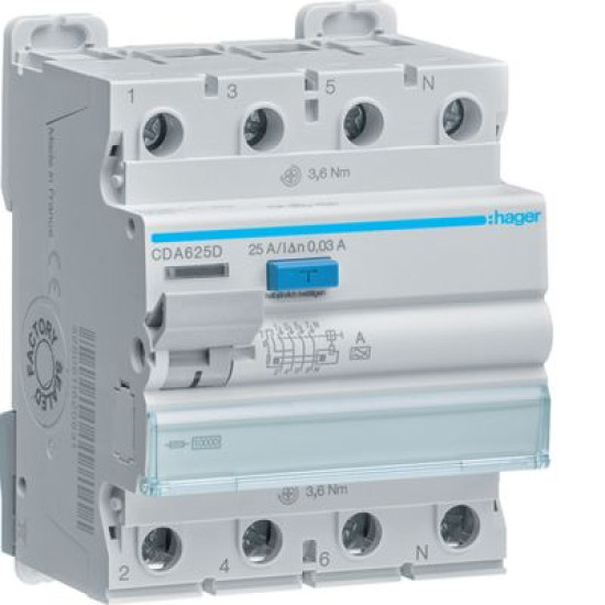 ПЗВ Hager CDA625D 4P 10кА 25A 30мА A