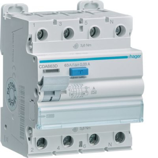 ПЗВ Hager CDA663D 4P 10кА 63A 30мА A