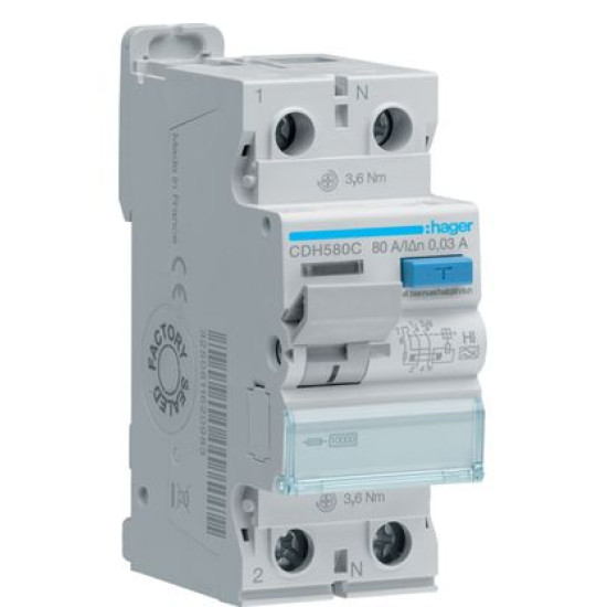 ПЗВ Hager CDH580C 2P 10кА 80A 30мА A-Hi