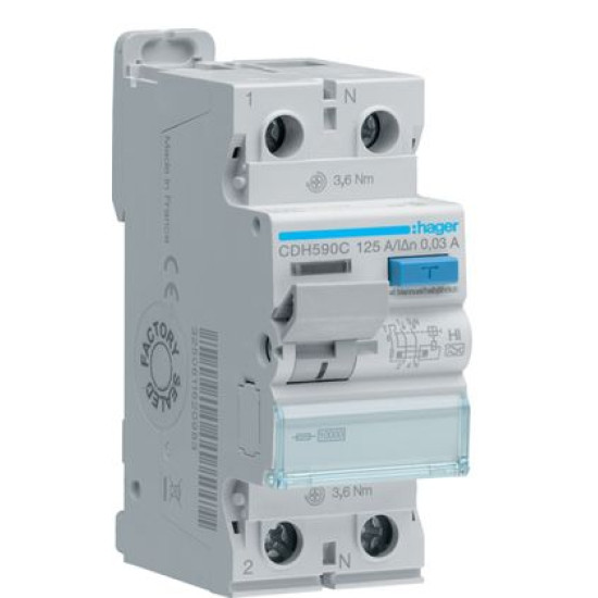 Пристрій захисного відлючення Hager CDH590C 2P 10кА 125A 30мА A-Hi