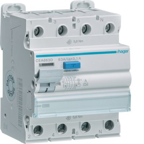 ПЗВ Hager CEA663D 4P 10кА 63A 100мА A