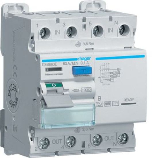 Диференційний автомат Hager CEB663E 4P 10кА 63A 100мА B