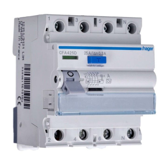 ПЗВ Hager CFA425D 4P 6кА 25A 300мА A