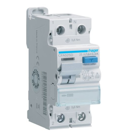 ПЗВ Hager CFA525D 2P 10кА 25A 300мА A
