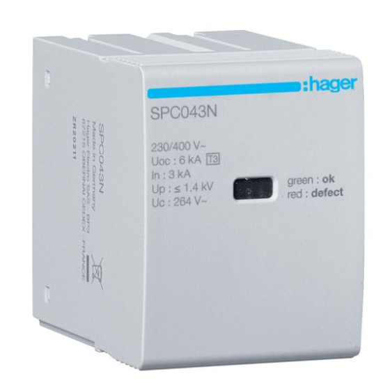 Вставний модуль Hager SPC043N T3 3P 264В 3кА 6кВ 1.4кВ