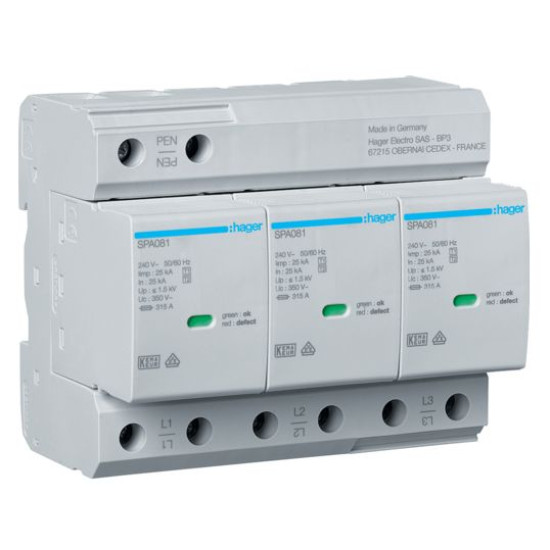 ПЗІП Hager SPA800 T1+T2 3P 350В 25кА 1,5кВ TCN з додатковим контактом