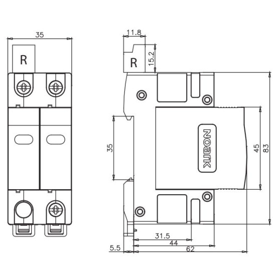 ПЗІП NOARK Ex9UE1+2 R 1+2 (B+C) 50кА 275В AC 2P з додатковим контактом (103337)