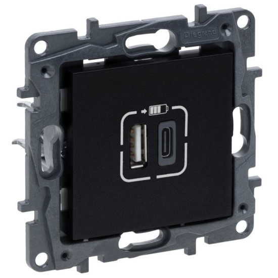 USB розетка Legrand Niloe Step А+C 12Вт+15Вт 5В чорна (863540)