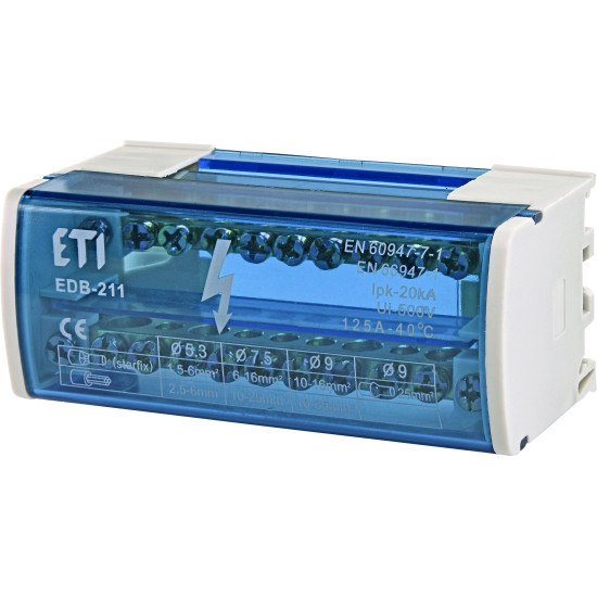 Розподільний клемний блок ETI 001102301 EDB-211 2p L+PE/N 125A на 11 виходів