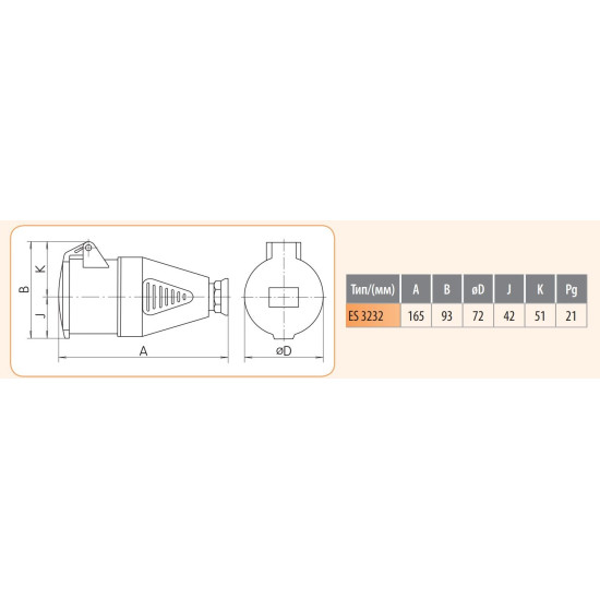 Кабельний силовий роз'єм ETI 004482003 ES-3232 IP44 (32A 230V 2P+PE)