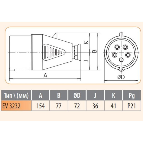 Кабельна силова вилка ETI 004482019 EV-3232 IP44 (32A 230V 2P+PE)