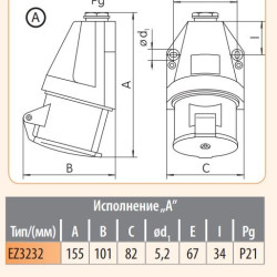 Настінний силовий роз'єм ETI 004482037 EZ-3232 IP44 (32A 230V 2P+PE)