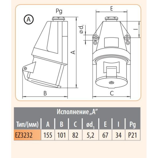 Настінний силовий роз'єм ETI 004482037 EZ-3232 IP44 (32A 230V 2P+PE)