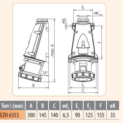 Настінний силовий роз'єм ETI 004482047 EZH-6353 IP67 (63A 400V 3P+N+PE)