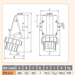 Настінна силова вилка ETI 004482072 EPH-6343 IP67 (63A 400V 3P+PE)