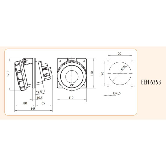 Вбудований силовий роз'єм ETI 004482089 EEH-6353 IP67 (63A 400V 3P+N+PE)