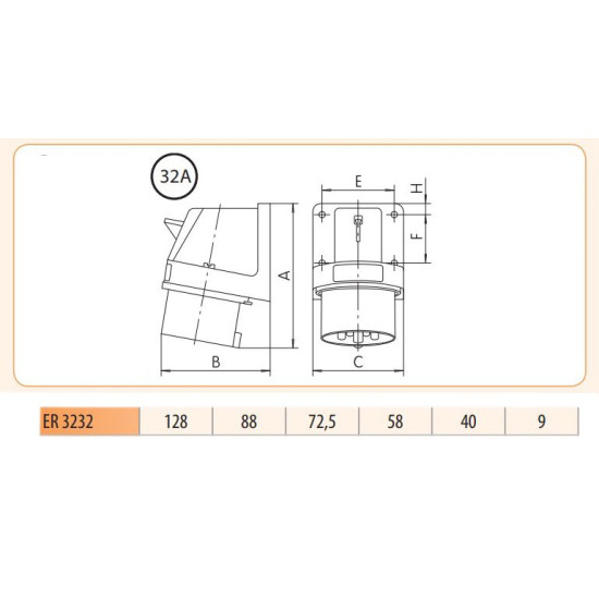 Кутова силова вилка ETI 004482109 ER-3232 IP44 (32A 230V 2P+PE)