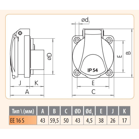 Вбудований силовий роз'єм ETI 004482124 EE-16S IP54 (16A 250V Schuko)