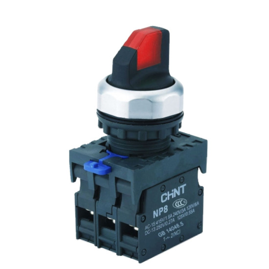 Перемикач Chint NP8-11XD/214 1NO+1NC AC 110В-230В 2 положення з підсвіткою з фіксацією червона IP65 (667150)