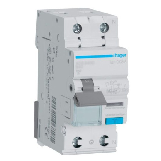 Диф автомат Hager ADS975D C 25A QC 1P+N 6кА 30мА A