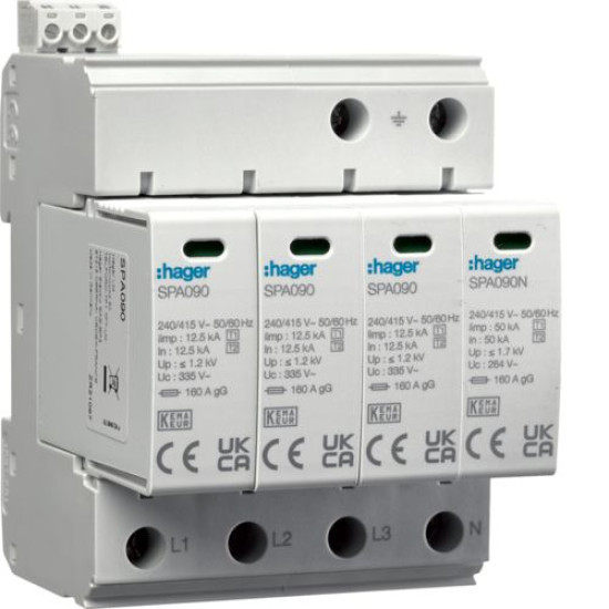 Розрядник (ПЗІП) Hager  T1+T2 4P 50kA 1,2кВ TN-S TT  + додатковий контакт