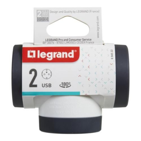 Поворотний блок «преміум» на 3 бічні розетки Legrand з USB A+C білий/чорний