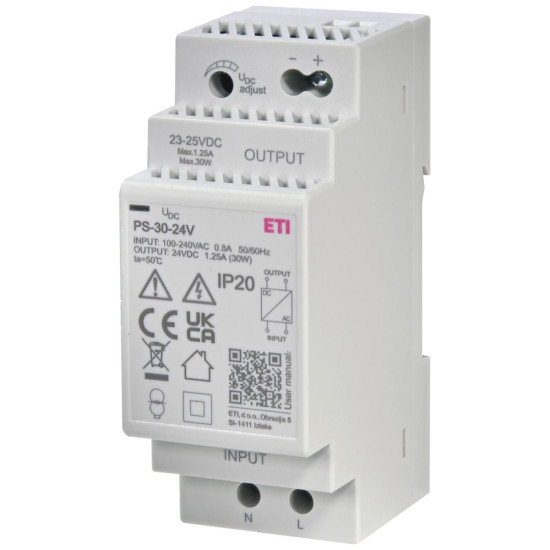 Джерело живлення ETI 002470133 PS-30-24 (Вхід: 100-250V AC; Вихід: 24V DC/30W/1 25A)