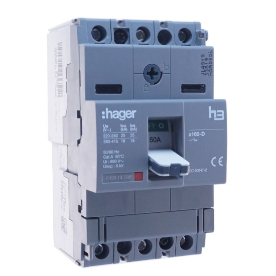 Автомат електроживлення Hager x160, In=50А, 3п, 18kA