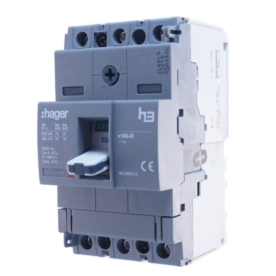 Автомат електроживлення Hager x160, In=50А, 3п, 18kA