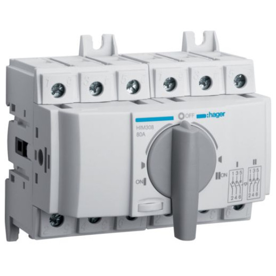 Перемикач Hager HIM308 I-0-II 80А 400/690В 3P 6м