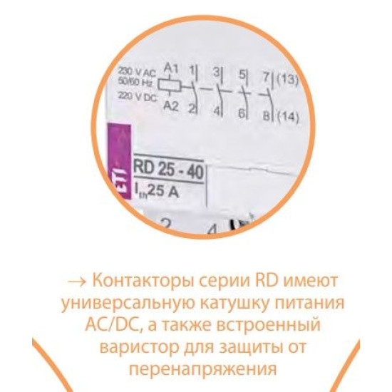 Контактор ETI 002464005 RD 20-20 (24V AC/DC) (AC1)