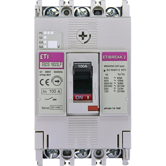 Автоматичний вимикач ETI 004671809 EB2S 160/3LF 100А 3P (16kA фіксовані налаштування)