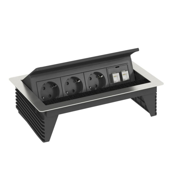 Висувний розетковий блок OBO Bettermann (6116806) з кришкою на 3 розетки 2р+E 250V AC+2 RJ45 Cat.6 кабель 3м з нержавіючої сталі