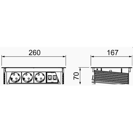 Висувний розетковий блок OBO Bettermann (6116806) з кришкою на 3 розетки 2р+E 250V AC+2 RJ45 Cat.6 кабель 3м з нержавіючої сталі