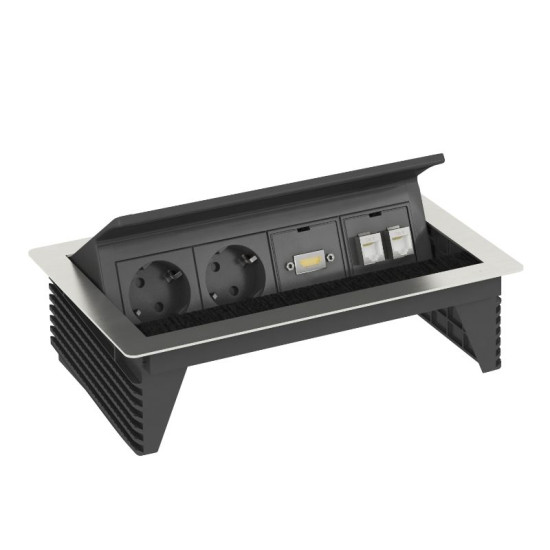Висувний розетковий блок OBO Bettermann (6116810) з кришкою на 3 розетки 2р+E 250V AC+2 RJ45 Cat.6+HDMI кабель 3м з нержавіючої сталі