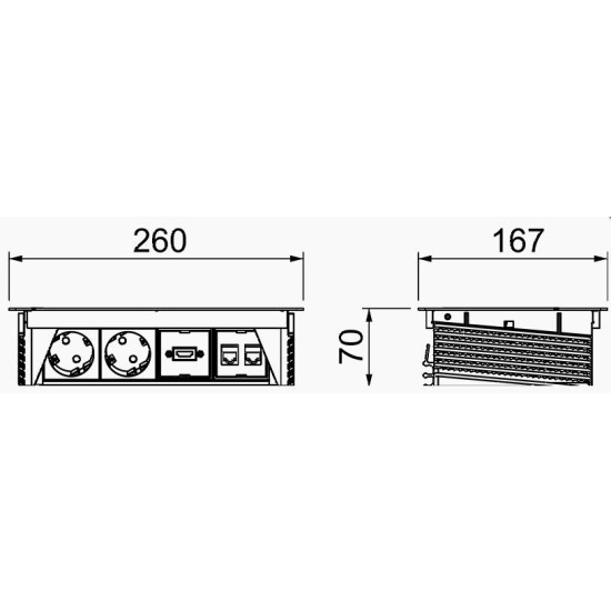 Висувний розетковий блок OBO Bettermann (6116810) з кришкою на 3 розетки 2р+E 250V AC+2 RJ45 Cat.6+HDMI кабель 3м з нержавіючої сталі