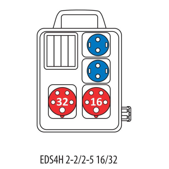 Переносний щит живлення ETI 004483122 з роз'ємами EDS4H 2-2/2-5 16/32 (Роз'єм 16A/5P-1 32A/5P-1 Schuko-2 АВ: C16/1-1 C16/3-1 з ручкою)