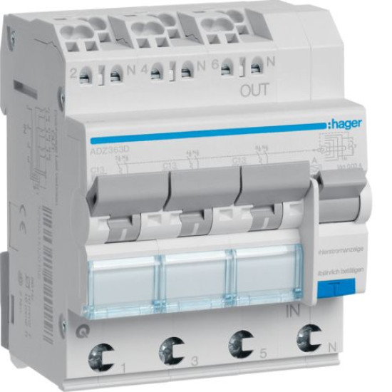 Диференціальний автомат Hager ADZ363D 3x1P+N 6кА C-13A 30мА тип А QuickConnect